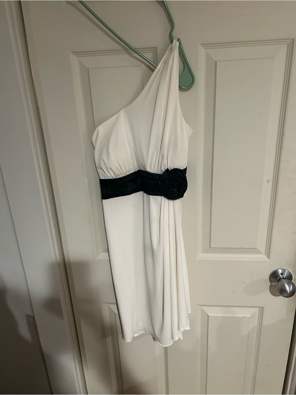 One-Shoulder White Dress with Black Rosette Waistband